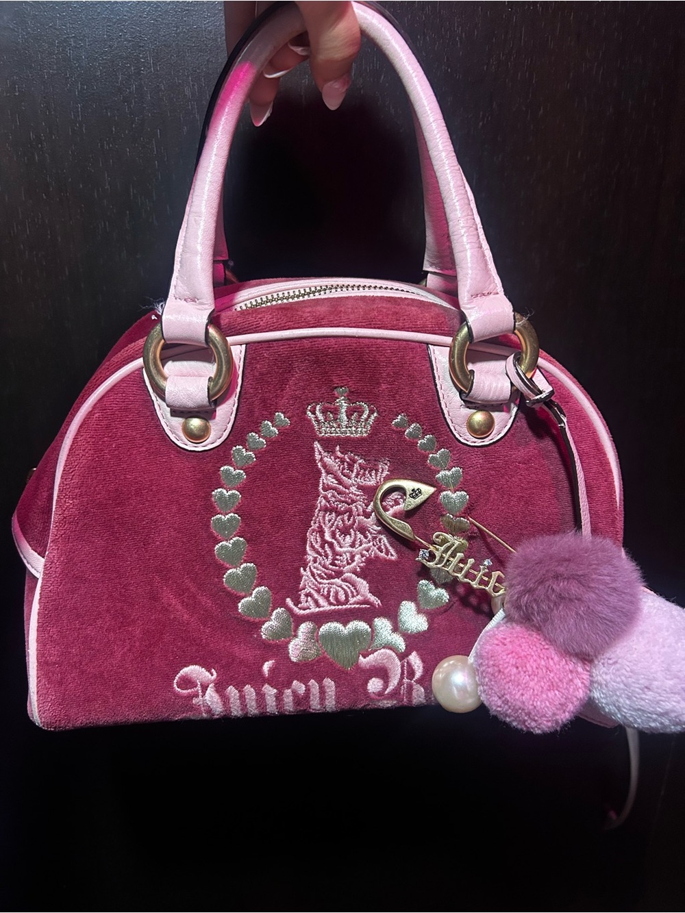 Juicy Couture Pink Velvet handbag with Pom-Pom Charms